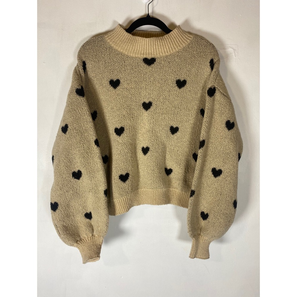 Preppy‎ XS Heart Print Cropped Sweater Balloon Sleeve Oversized Coquette Cozy